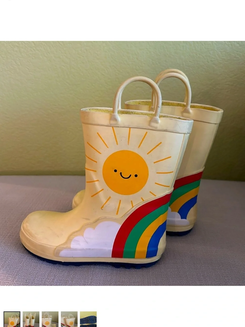 Cat & Jack Cream Rain Boots with Sunny Face & Rainbow